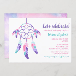 Invitation Dreamcatcher rose violet turquoise parti anniversa