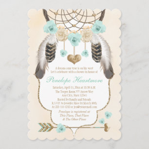Invitation Dreamcatcher turquoise et or Boho Baby Boy Show