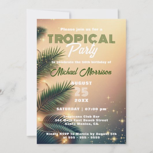 Invitation Dreamly Sparkly Palm Feuilles Tropical Birthday Pa (Devant)