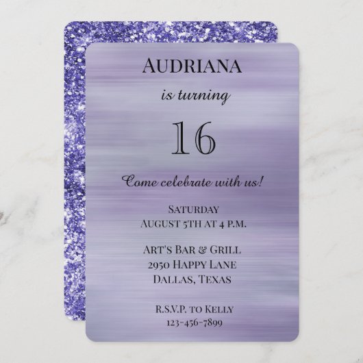 Invitation Dreample Violet Lavender Parties scintillant Glam  (Devant / Derrière)