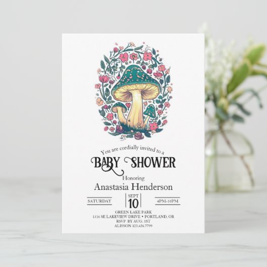 Invitation Dreamsical Whimsical Mushroom Baby shower (Debout devant)