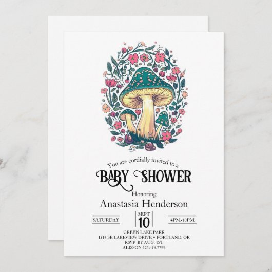 Invitation Dreamsical Whimsical Mushroom Baby shower (Devant / Derrière)