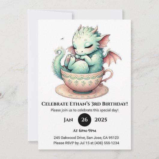 Invitation Dreamy Baby Dragon en Teacup Vintage Anniversaire (Devant)