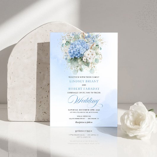 Invitation Dreamy Blue Hydrangea Gold Floral Wedding Invite
