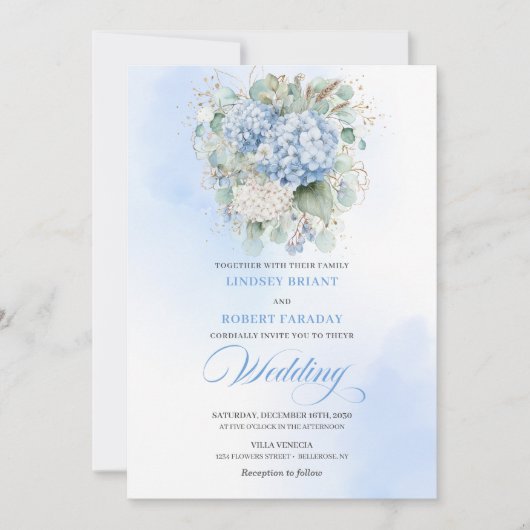 Invitation Dreamy Blue Hydrangea Gold Floral Wedding Invite (Devant)