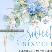 Invitation Dreamy Blue Hydrangeas Gold Sweet Sixteen Invite