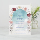 Invitation Dreamy Blue Shades Floral Frame Arch Baptisme (Debout devant)