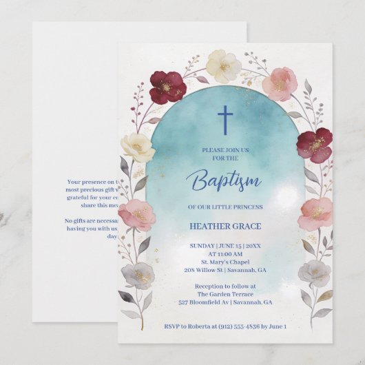 Invitation Dreamy Blue Shades Floral Frame Arch Baptisme (Devant / Derrière)