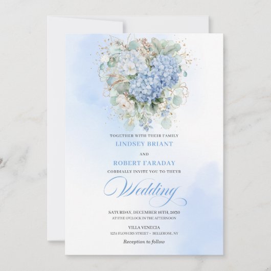Invitation Dreamy Boho Powder Blue Hydrangea Gold Wedding  (Devant)