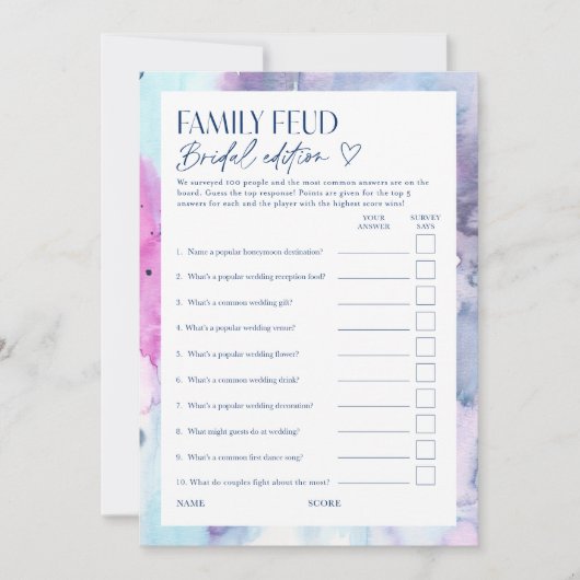 Invitation Dreamy Bridal Feud Trivia Shower Game Card (Devant)