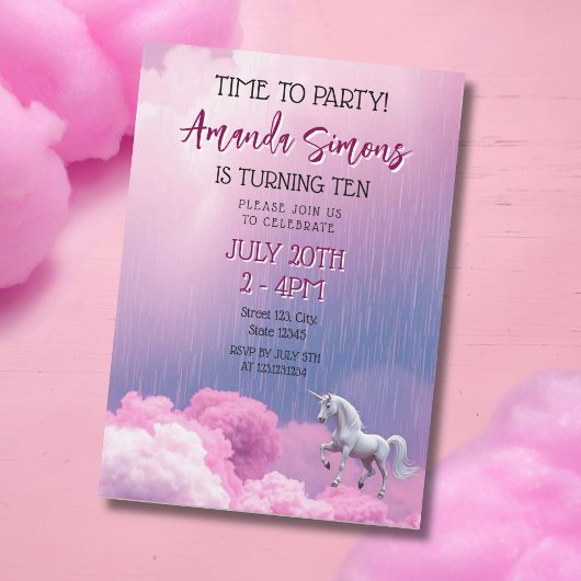 Invitation Dreamy Cloud Unicorn Fantasy Girl 10th Birthday