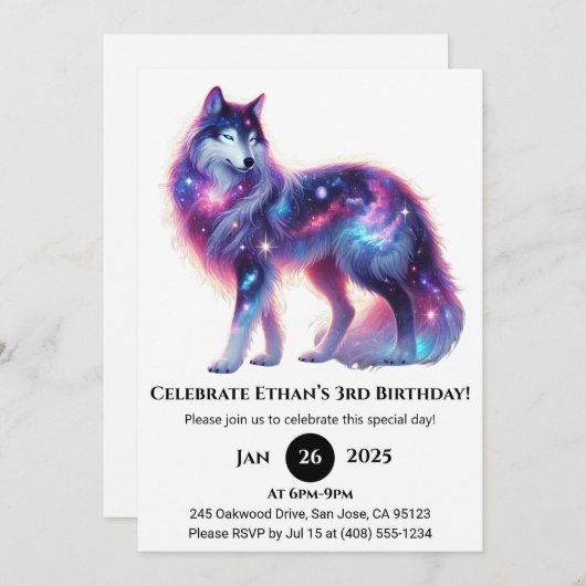Invitation Dreamy Galaxy Wolf Birthday (Devant / Derrière)