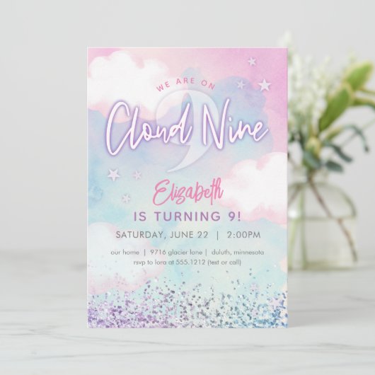 Invitation Dreamy Girl On Cloud Neuf 9e anniversaire (Debout devant)
