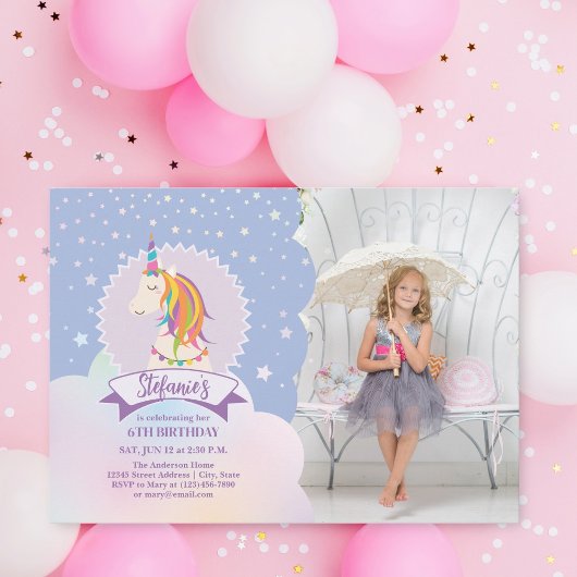 Invitation Dreamy Magic Rainbow Unicorn Girl Birthday Photo
