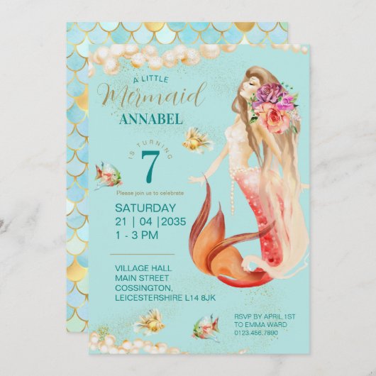 Invitation Dreamy Mermaid fête d'anniversaire (Devant / Derrière)