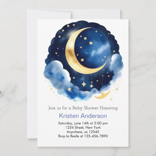 Invitation Dreamy Moon et Stars Blue Boy Baby shower (Devant)
