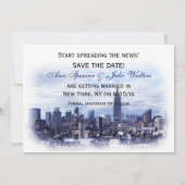 Invitation Dreamy Navy Blue NYC Skyline Enregistrer la date H (Dos)