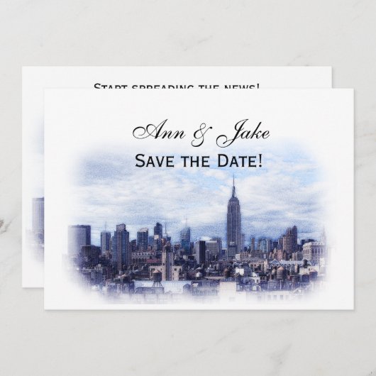 Invitation Dreamy Navy Blue NYC Skyline Enregistrer la date H (Devant / Derrière)