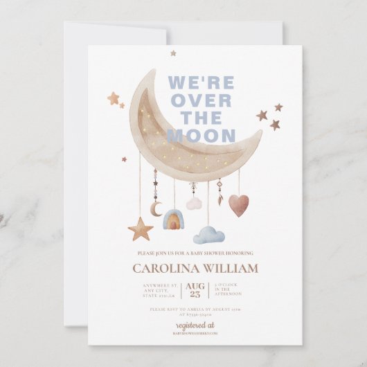 Invitation Dreamy Over the Moon baby shower bleu (Devant)
