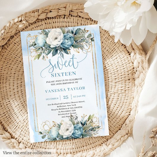 Invitation Dreamy Pastel Bleu Blanc Floral Sweet sixteen 16