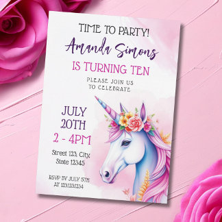 Invitation Dreamy Pastel Floral Unicorn Girl 10th Birthday