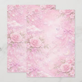 Invitation Dreamy Pink Rose Floral Pattern Pearls Bows Sparks (Devant / Derrière)