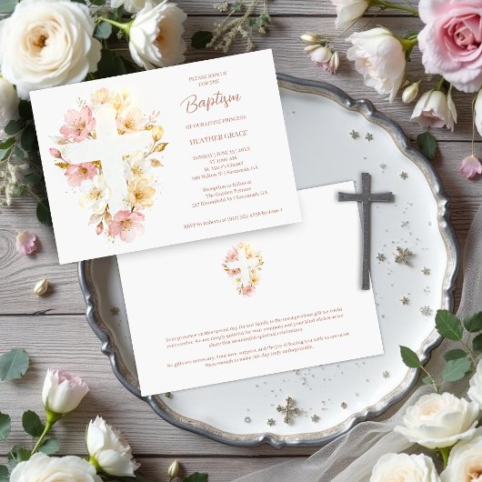 Invitation Dreamy Pink Shades Floral Cross-Shape Baptism