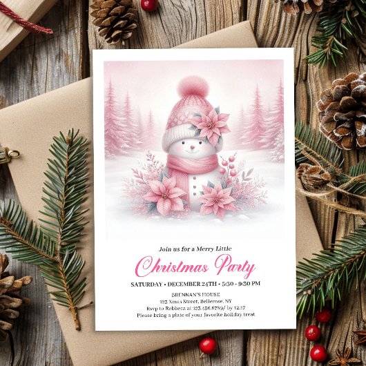 Invitation Dreamy Pink Snowman Digital Christmas Invite 