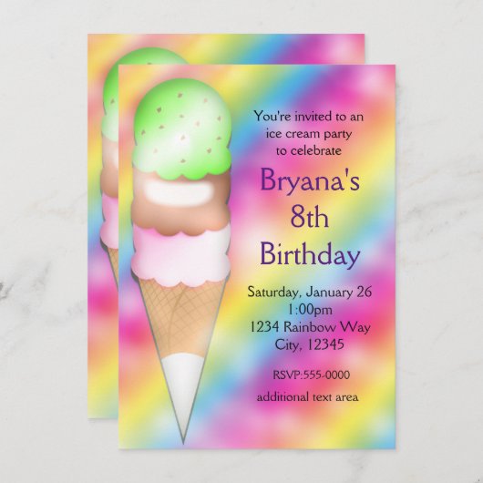 Invitation Dreamy Rainbow Ice Cream Anniversday Party Invitat (Devant / Derrière)