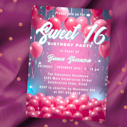Invitation Dreamy Sky Pink Balloons Sweet 16 Anniversaire