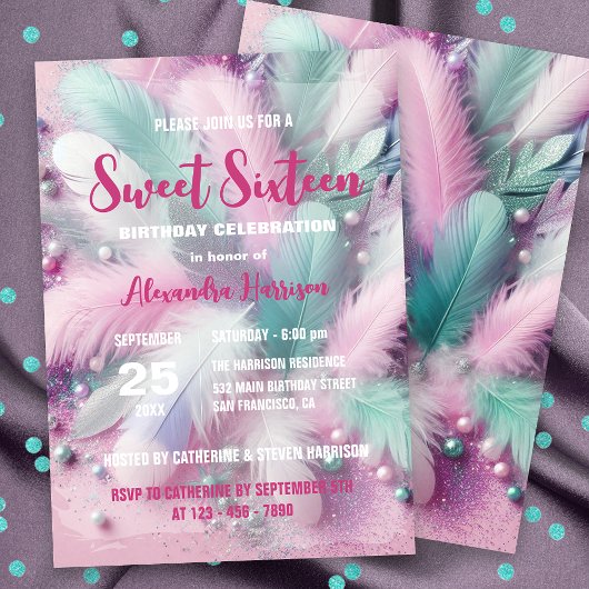 Invitation Dreamy Soft Pastel Feathers Sweet 16 Anniversaire