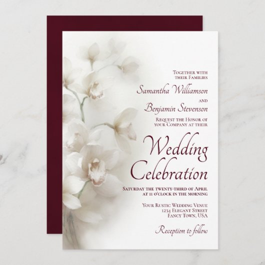 Invitation Dreamy White Orchids Élégant Mariage Bourgogne (Devant / Derrière)