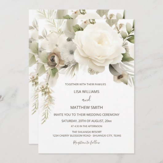 Invitation Dreamy White Rose Mariage photo (Devant / Derrière)