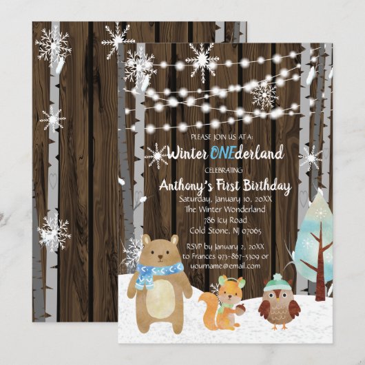 Invitation Dreamy Woodland Forest Animaux ONE derland Anniver (Devant / Derrière)