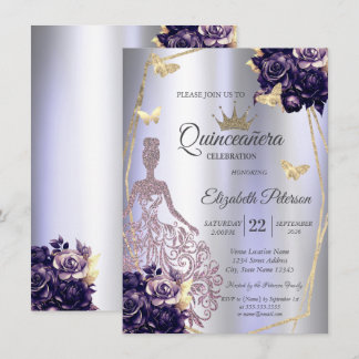 Invitation Dress,Butterfly Violet Roses Lavender Quinceañera