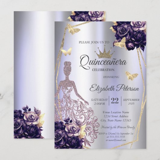 Invitation Dress,Butterfly Violet Roses Lavender Quinceañera (Devant / Derrière)
