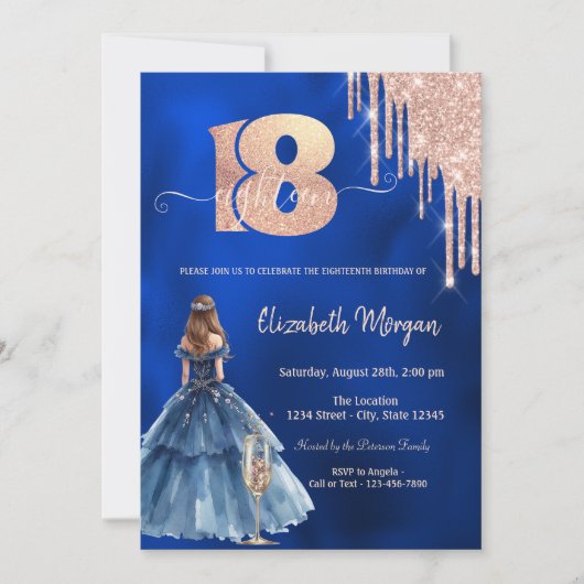 Invitation Dress Glitter Drips Glass Blue 18th Birthday (Devant)