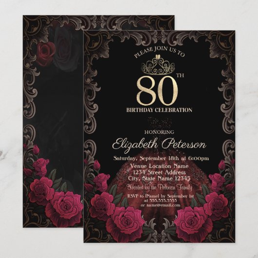 Invitation  Dress,Tiara,Red Roses Gothic Frame 80th Birthday (Devant / Derrière)