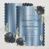 Invitation Drips,Navy Blue Roses Metallic Retraite (Devant / Derrière)
