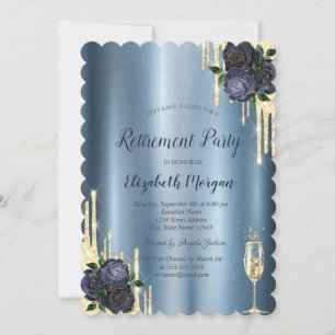 Invitation Drips,Navy Blue Roses Metallic Retraite  