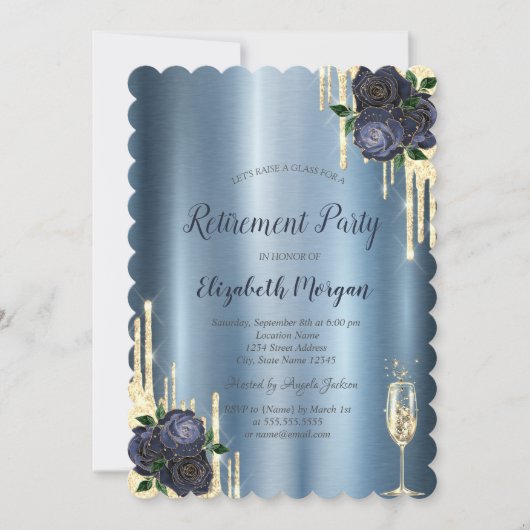 Invitation Drips,Navy Blue Roses Metallic Retraite (Devant)