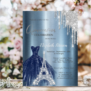 Invitation Drips, Robe Bleue, Eiffel Métallic Quinceañera 