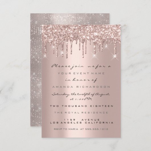 Invitation Drips Rose Gold Fête de Mariage Douce 16e (Devant / Derrière)