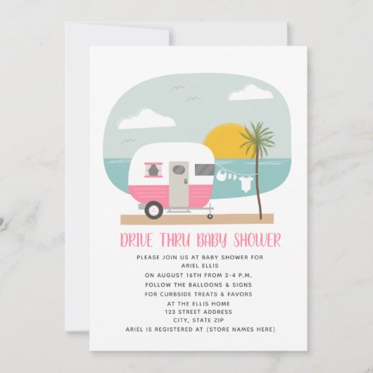 Invitation Drive À Travers Baby shower Pink Beach Camper (Devant)