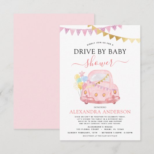 Invitation Drive By Baby shower Blush Pink Gold Foil (Devant / Derrière)