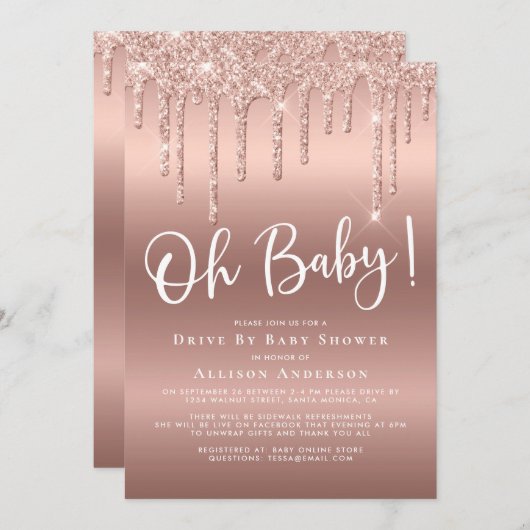 Invitation Drive By Baby shower Parties scintillant Drift Ros (Devant / Derrière)