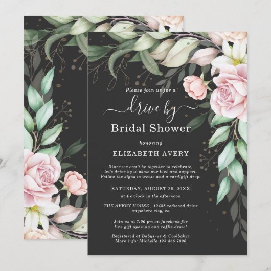 Invitation Drive By Fête des mariées Luxe Flore noire et rose (Devant / Derrière)
