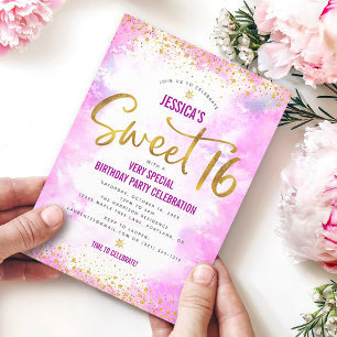 Invitation Drive By Sweet 16 Rose Aquarelle Or Anniversaire
