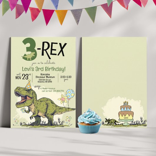 Invitation Drôle 3-Rex Dinosaur Cartoon 3e fête d'anniversair