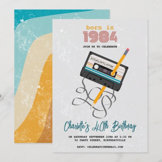 Invitation Drôle 80s Musique Retro Cassette Bande 40e anniver (Devant / Derrière)